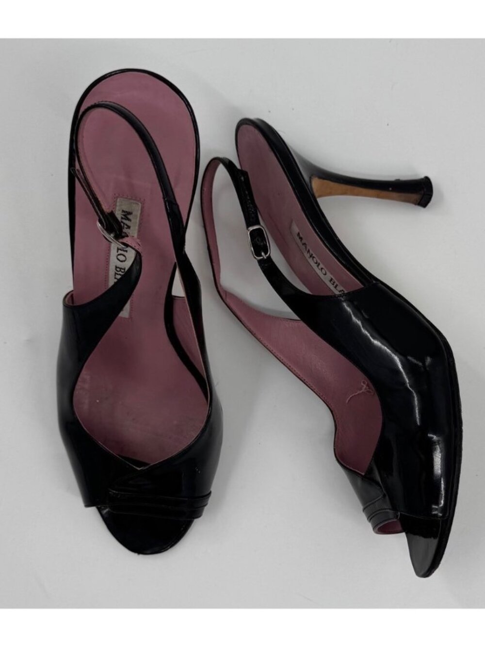 Manolo Blahnik Women's Black Patent Leather Open-Toe Slingback Heels Size 37
